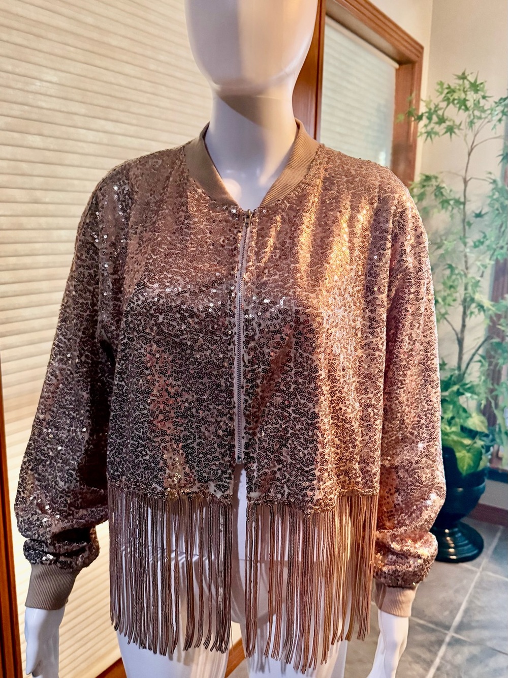 NWT Grace & Emma Women's Gold Sequin Fringe  Bomber Jacket size small